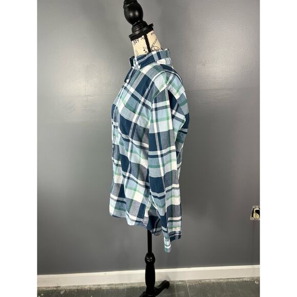 Men's Express Slim fit Soft wash blue white and green button up plaid shirt - Picture 8 of 8